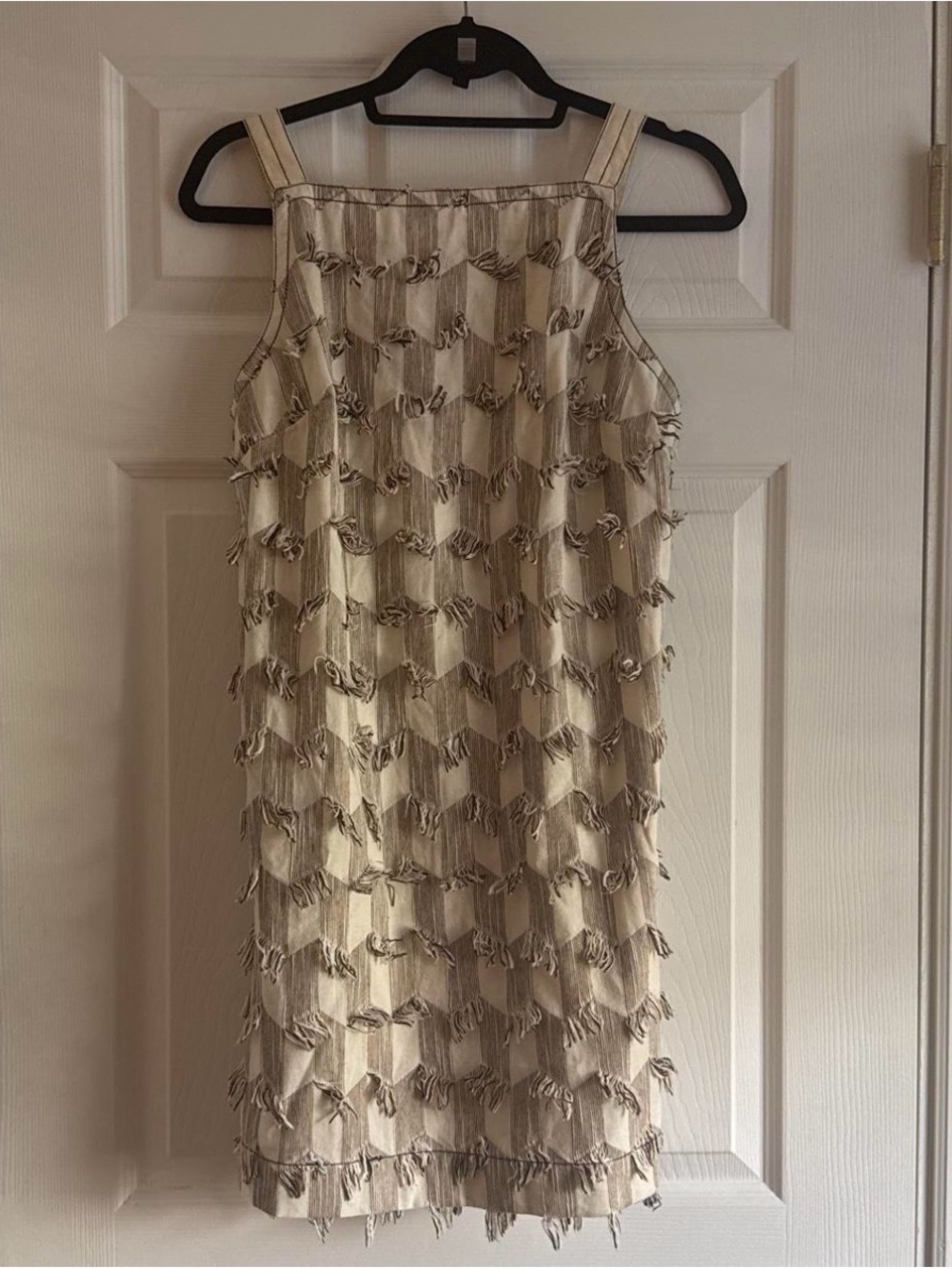 Anthropologie Beige Fringe-Embellished Mini Shift Dress